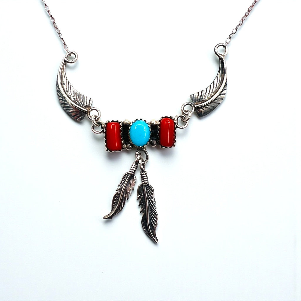 Vintage Feather Sterling Silver Necklace ターコイズ コーラル フェザー ネックレス シルバー STERLING 刻印 インディアンジュエリー