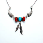 Vintage Feather Sterling Silver Necklace ターコイズ コーラル フェザー ネックレス シルバー STERLING 刻印 インディアンジュエリー