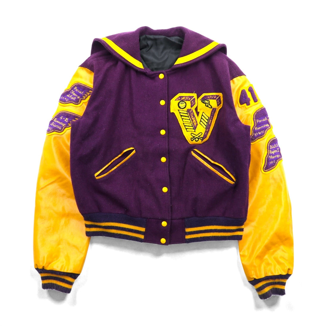 BELL'S SPORTING GOODS 70s USA Vintage Varsity Jacket, Lettered, XL, Wool, PULEATHEATRE Sleeves, Sailor Color Patch, Short Length, 70s, Made in
