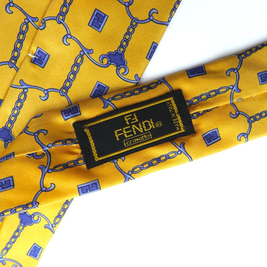 FENDI Tie Yellow Silk Allover Pattern Chain Zucca Cravatte Made in Italy