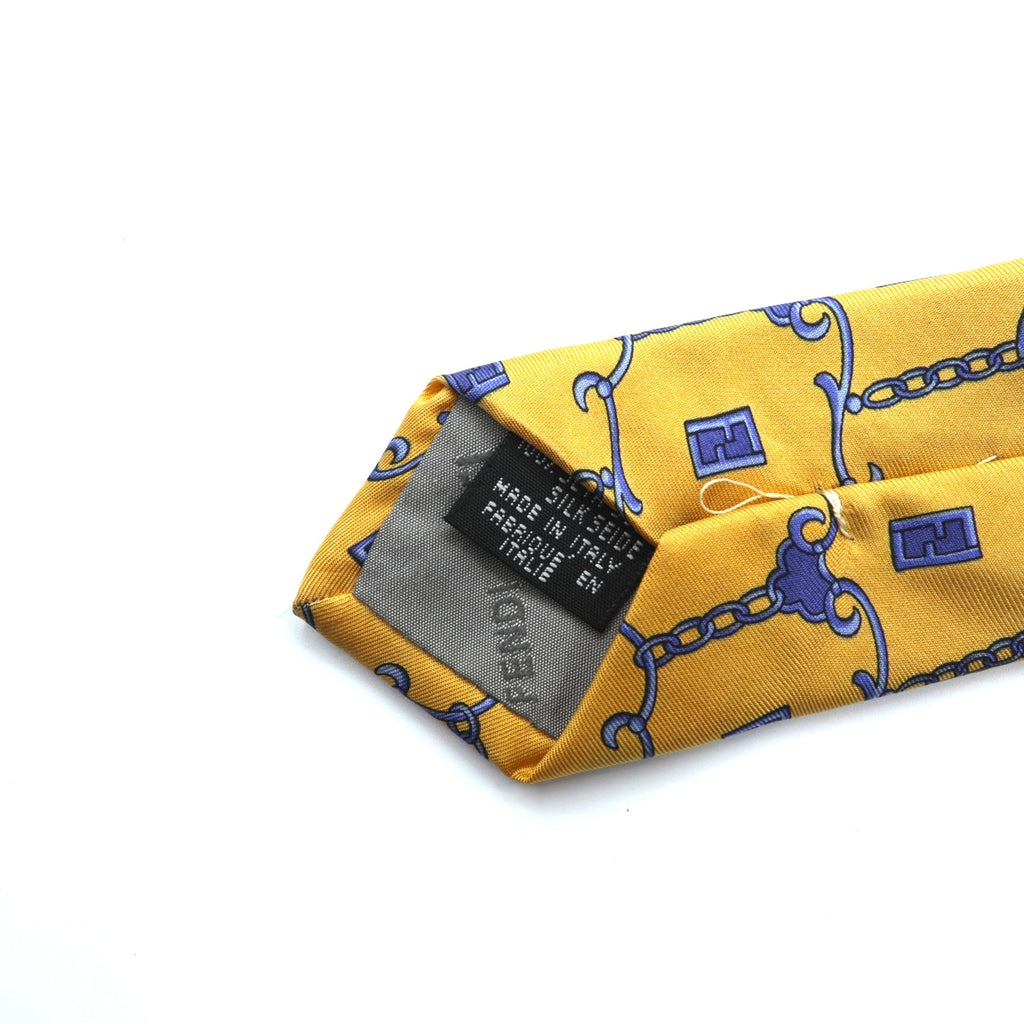 FENDI Tie Yellow Silk Allover Pattern Chain Zucca Cravatte Made in Italy