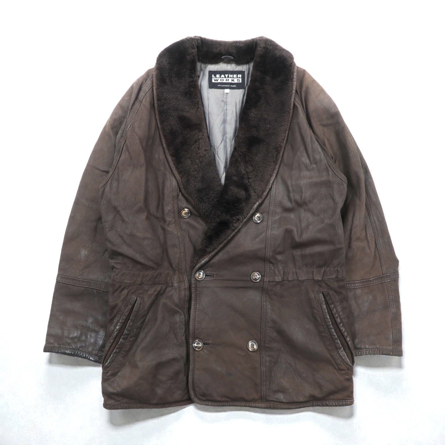 BEAMS 90年代 ショールカラー ダブルブレスト ムートンステンカラーコート M ブラウン レザー キルティング裏地 LEATHER WORKS EXCLUSIVELY BEAMS