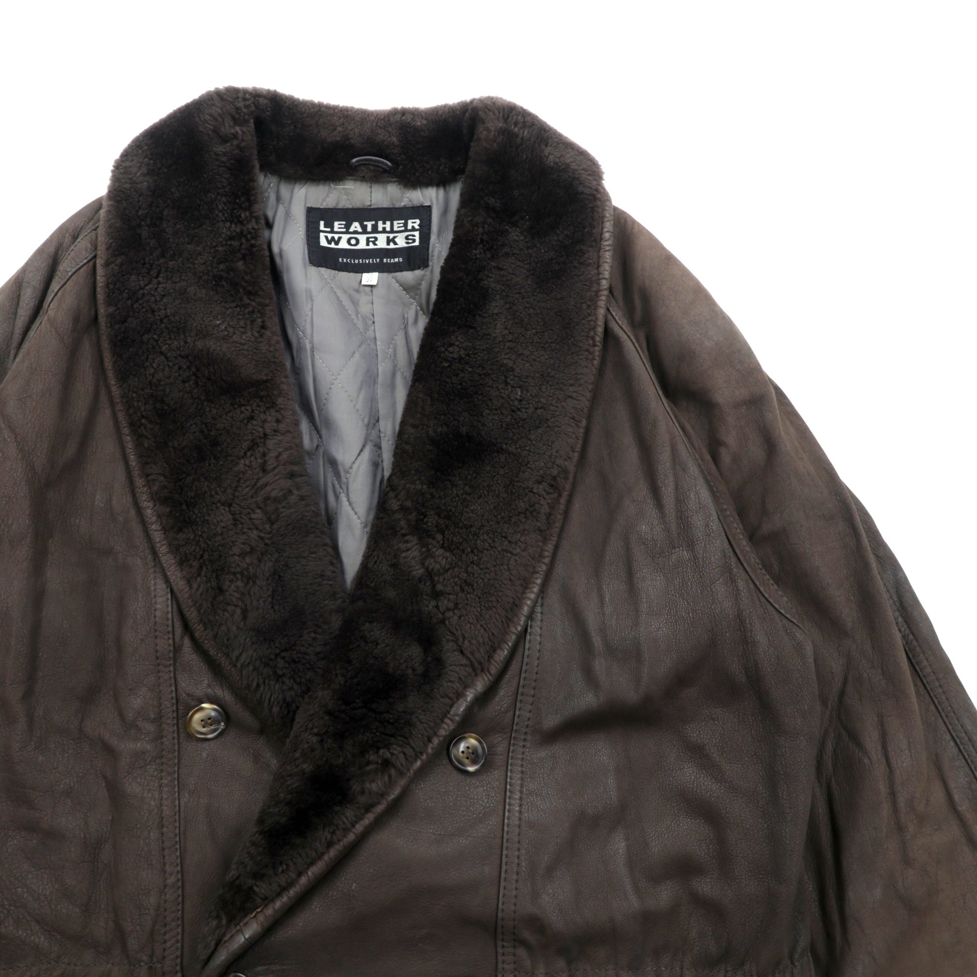 BEAMS 90年代 ショールカラー ダブルブレスト ムートンステンカラーコート M ブラウン レザー キルティング裏地 LEATHER WORKS EXCLUSIVELY BEAMS