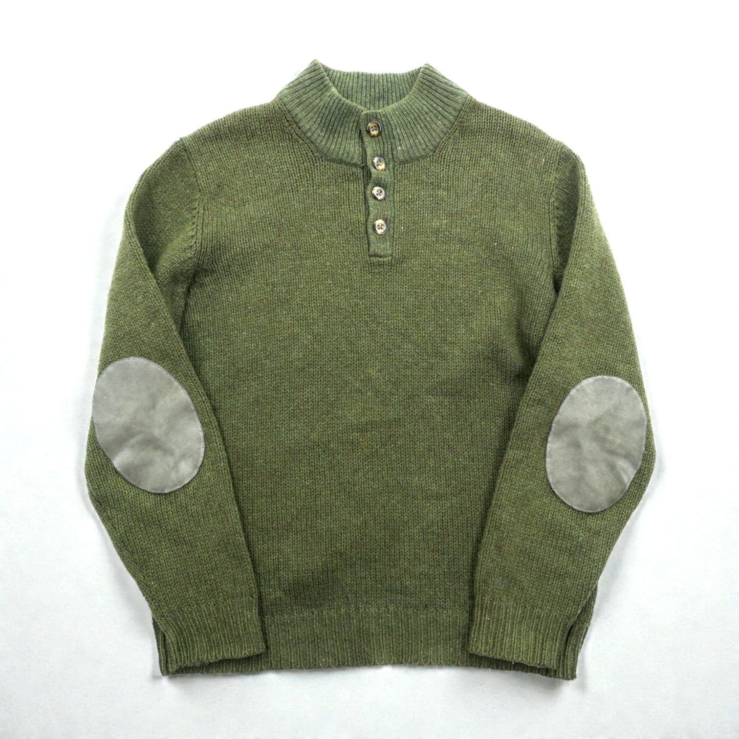 L.L.Bean ヘンリーネック ニット セーター L レザーエルボーパッチ カーキ ウール DBH1