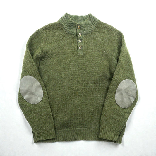 L.L.Bean ヘンリーネック ニット セーター L レザーエルボーパッチ カーキ ウール DBH1