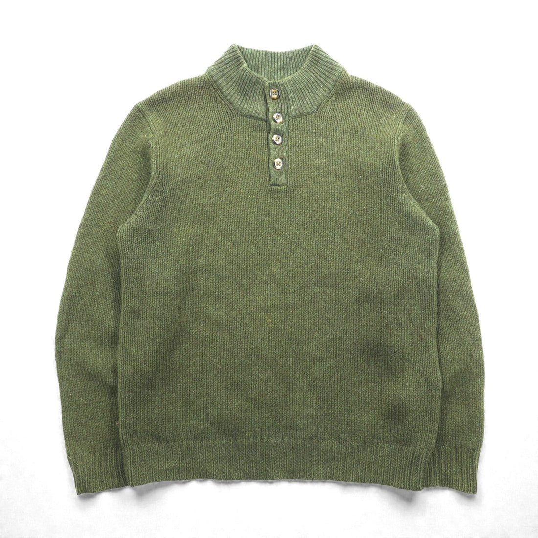 L.L.Bean ヘンリーネック ニット セーター L レザーエルボーパッチ カーキ ウール DBH1