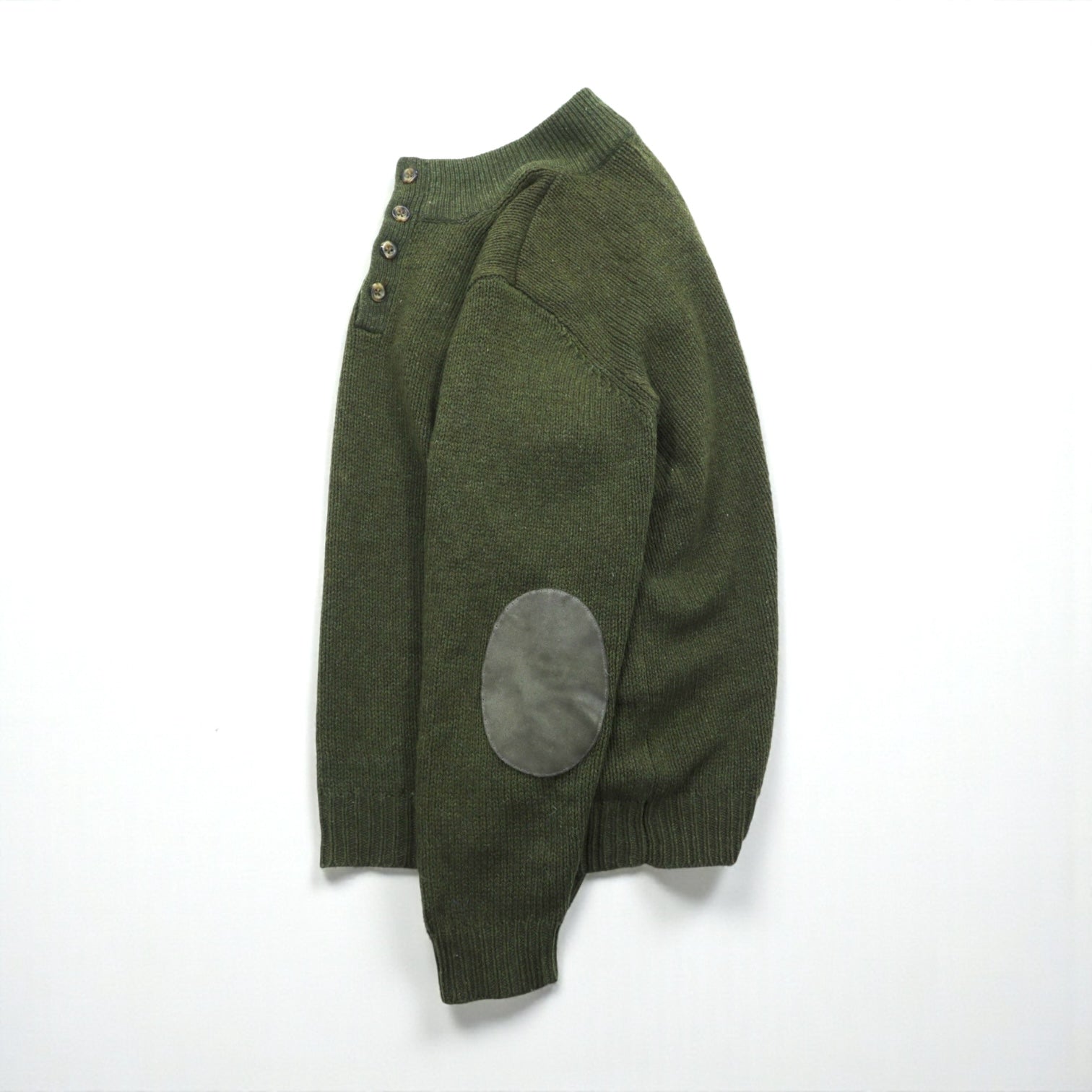 L.L.Bean ヘンリーネック ニット セーター L レザーエルボーパッチ カーキ ウール DBH1