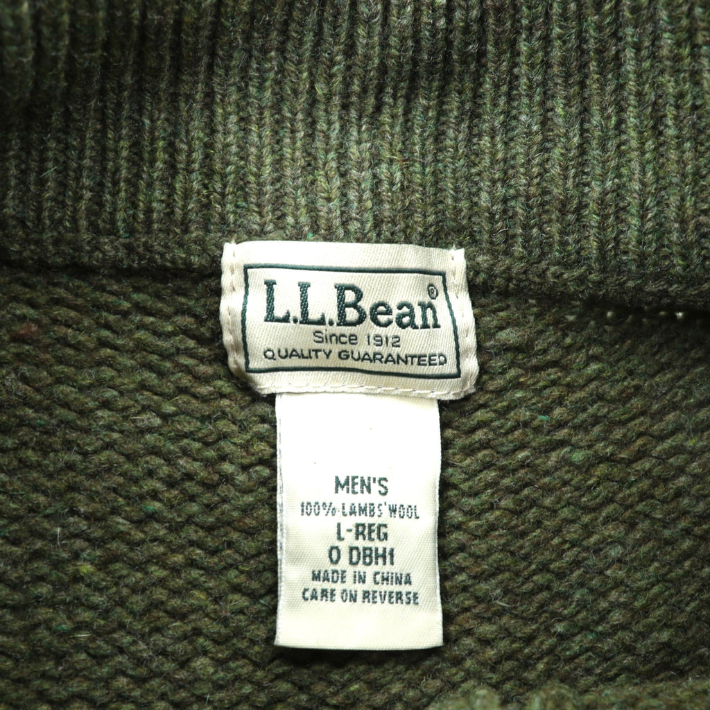 L.L.Bean ヘンリーネック ニット セーター L レザーエルボーパッチ カーキ ウール DBH1