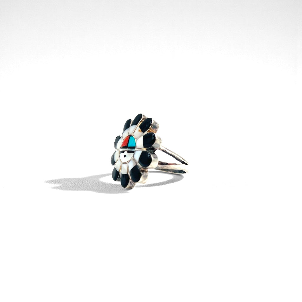 Vintage Zuni Sterling Silver Ring ズニ族 フラワー サンフェイス リング 指輪 11号 インレイ シルバー 刻印 ホールマーク ターコイズ コーラル シェル オニキス インディアンジュエリー