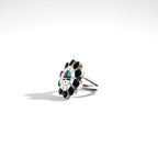 Vintage Zuni Sterling Silver Ring ズニ族 フラワー サンフェイス リング 指輪 11号 インレイ シルバー 刻印 ホールマーク ターコイズ コーラル シェル オニキス インディアンジュエリー