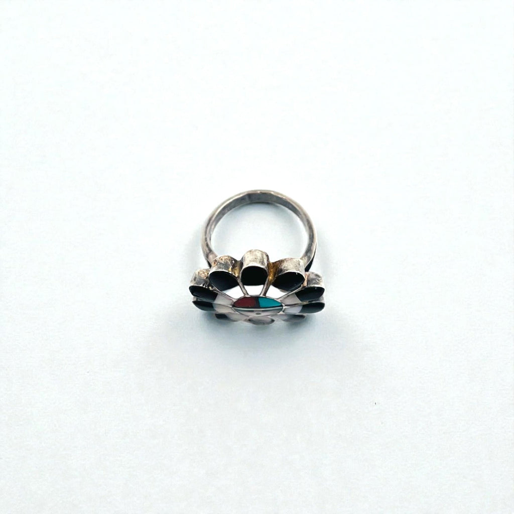 Vintage Zuni Sterling Silver Ring ズニ族 フラワー サンフェイス リング 指輪 11号 インレイ シルバー 刻印 ホールマーク ターコイズ コーラル シェル オニキス インディアンジュエリー