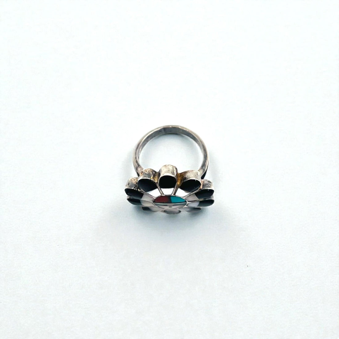 Vintage Zuni Sterling Silver Ring ズニ族 フラワー サンフェイス リング 指輪 11号 インレイ シルバー 刻印 ホールマーク ターコイズ コーラル シェル オニキス インディアンジュエリー