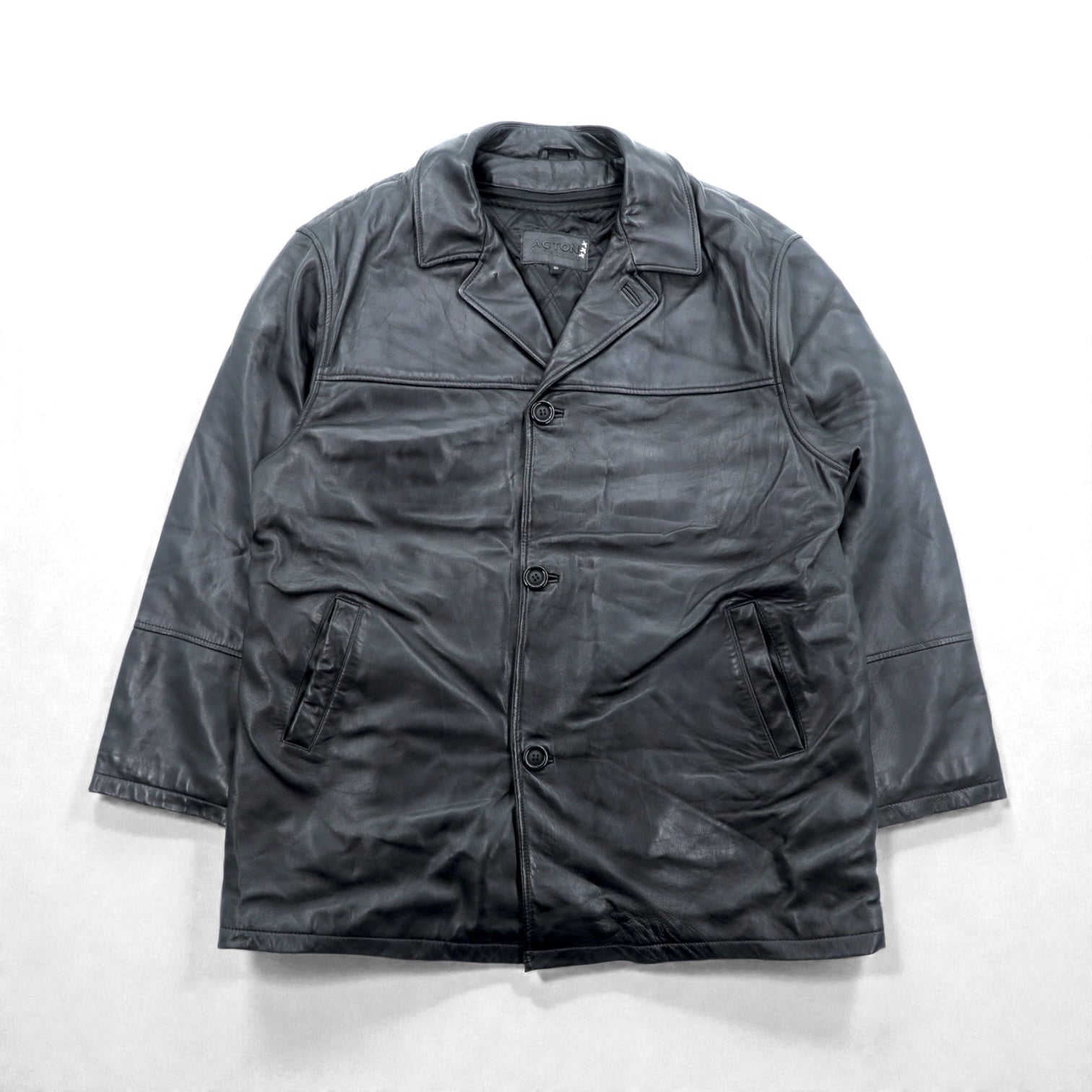 Action 90s Vintage Black Leather 3B カーコート レザー コート L キルティングライナー 着脱式 THE OLDE HIDE HOUSE