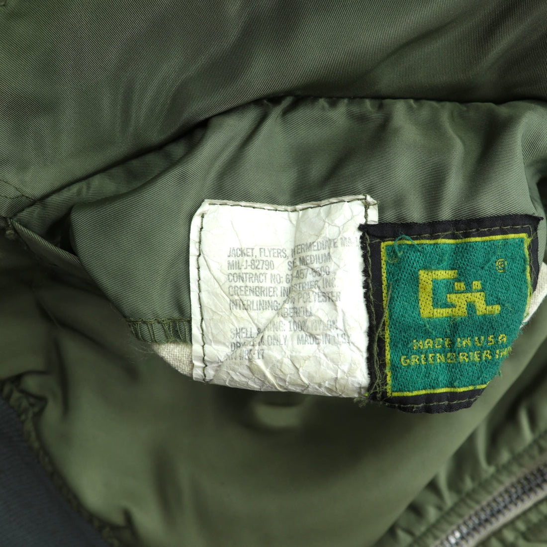 US Military 90s Vintage MA-1 Flight Jacket GREENBRIER Made in USA, Khaki Padded, Reversible, EMAR Zip, MIL-J-8279