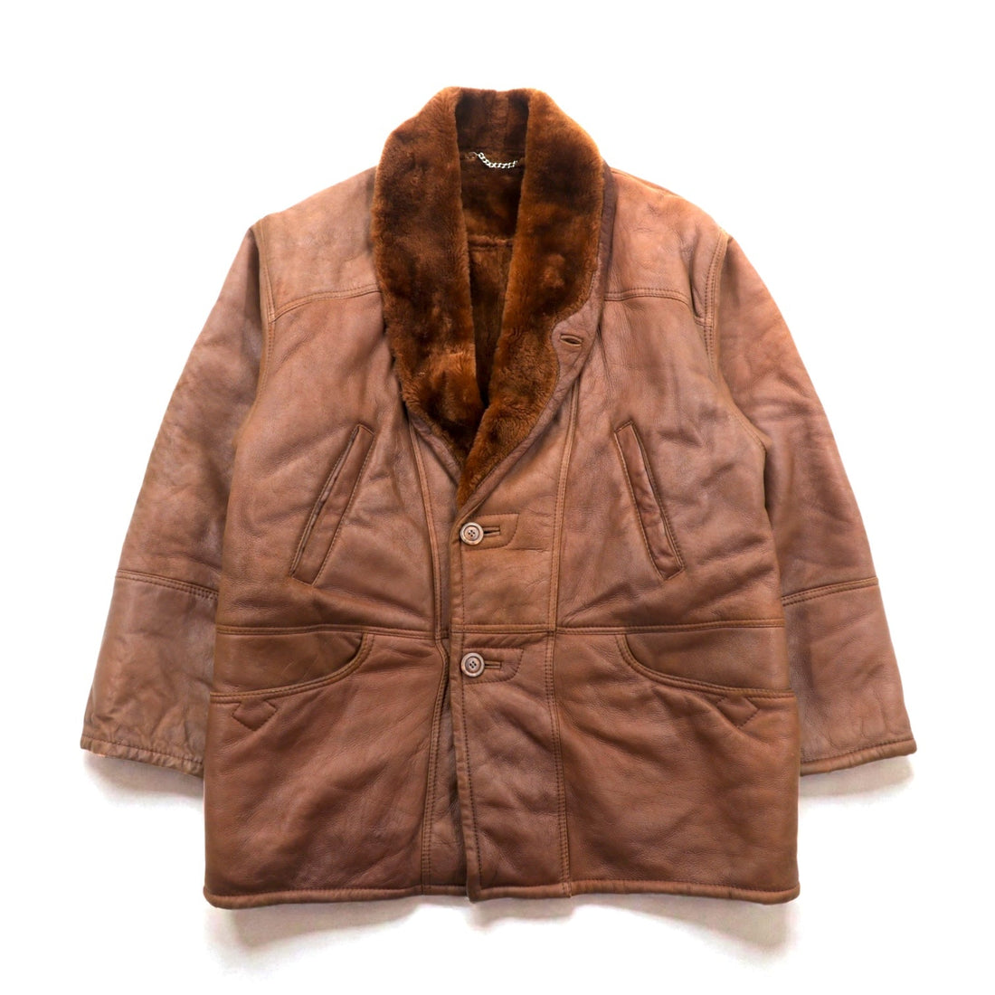 Confat 80s ITALY Vintage Shearling Sheepskin ショールカラー ムートンチェスターコート XL ボア襟 シープスキン 羊革 80年代 イタリア製