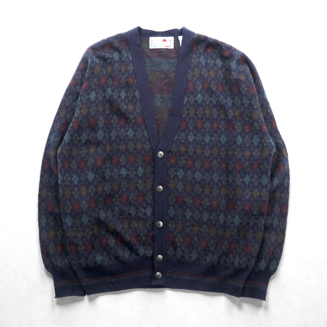 90s ITALY Vintage Knitwear Argyle Knit Cardigan, Medium, Navy, Florence Tricot, 90s, Made in