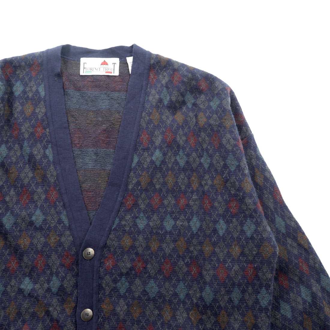 90s ITALY Vintage Knitwear アーガイル柄 ニット カーディガン M ネイビー FLORENCE TRICOT 90年代 イタリア製