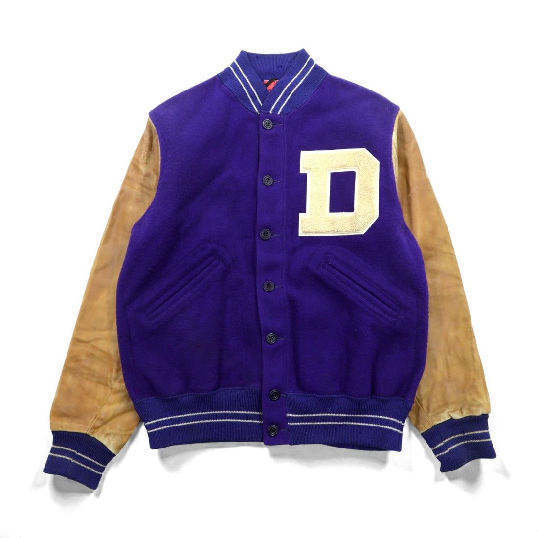 King-O'Shea 1940s Vintage Button-Up Varsity Jacket, Award-Winning Size L, Button Front, Leather Sleeves, Lettered Patch, by PHIL SLINKER
