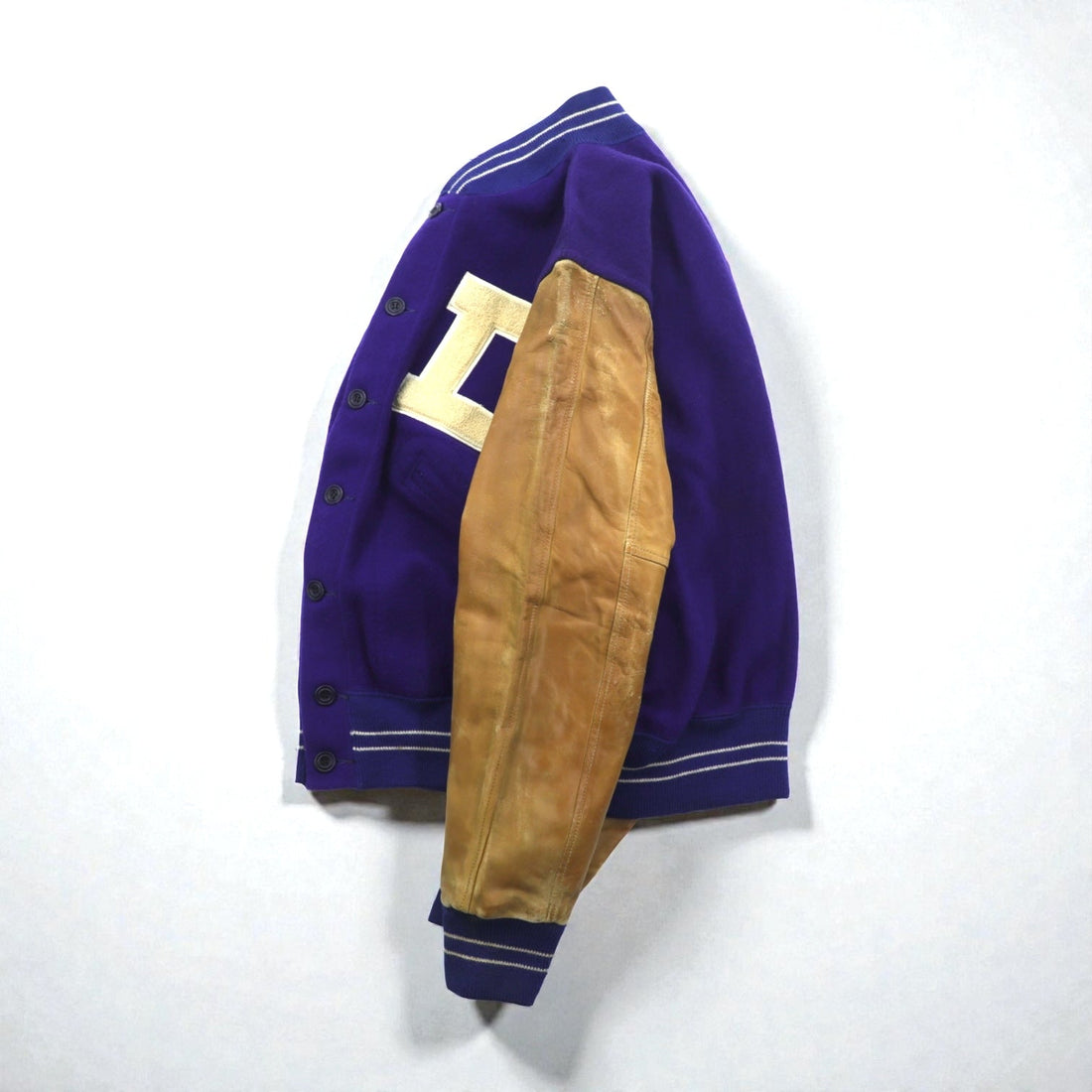 King-O'Shea 1940s Vintage Button-Up Varsity Jacket, Award-Winning Size L, Button Front, Leather Sleeves, Lettered Patch, by PHIL SLINKER