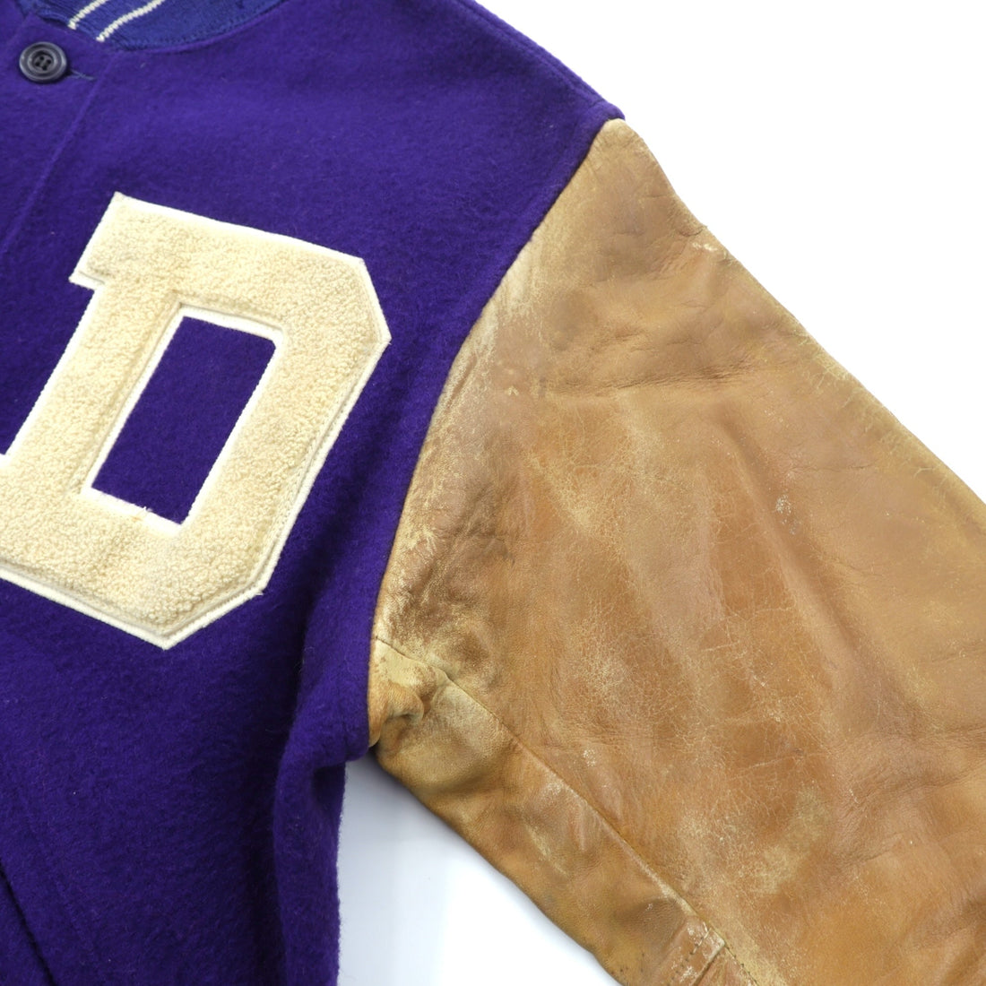 King-O'Shea 1940s Vintage Button-Up Varsity Jacket, Award-Winning Size L, Button Front, Leather Sleeves, Lettered Patch, by PHIL SLINKER