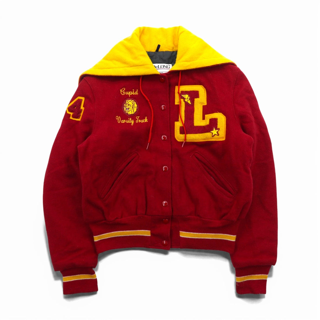DeLONG 90s Made in USA Vintage Letter Varsity Jacket, XL Wool, Rabbit Hoodie, Sailor Color Embroidery, Patch, and Pin Badge Included.