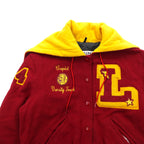 DeLONG 90年代 USA製 ヴィンテージ レタード スタジャン XL ウール Delong ラビットパーカー フード セーラーカラー 刺繍 ワッペン ピンバッジ付き