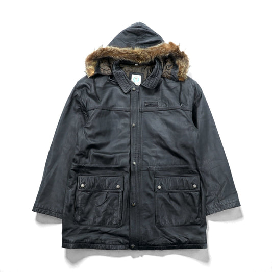 FAD CLUB 90年代 ヴィンテージ ラムレザー フィールドフード モッズコート L イタリアンレザー フード着脱式 ドローコード 裏地ペイズリー柄