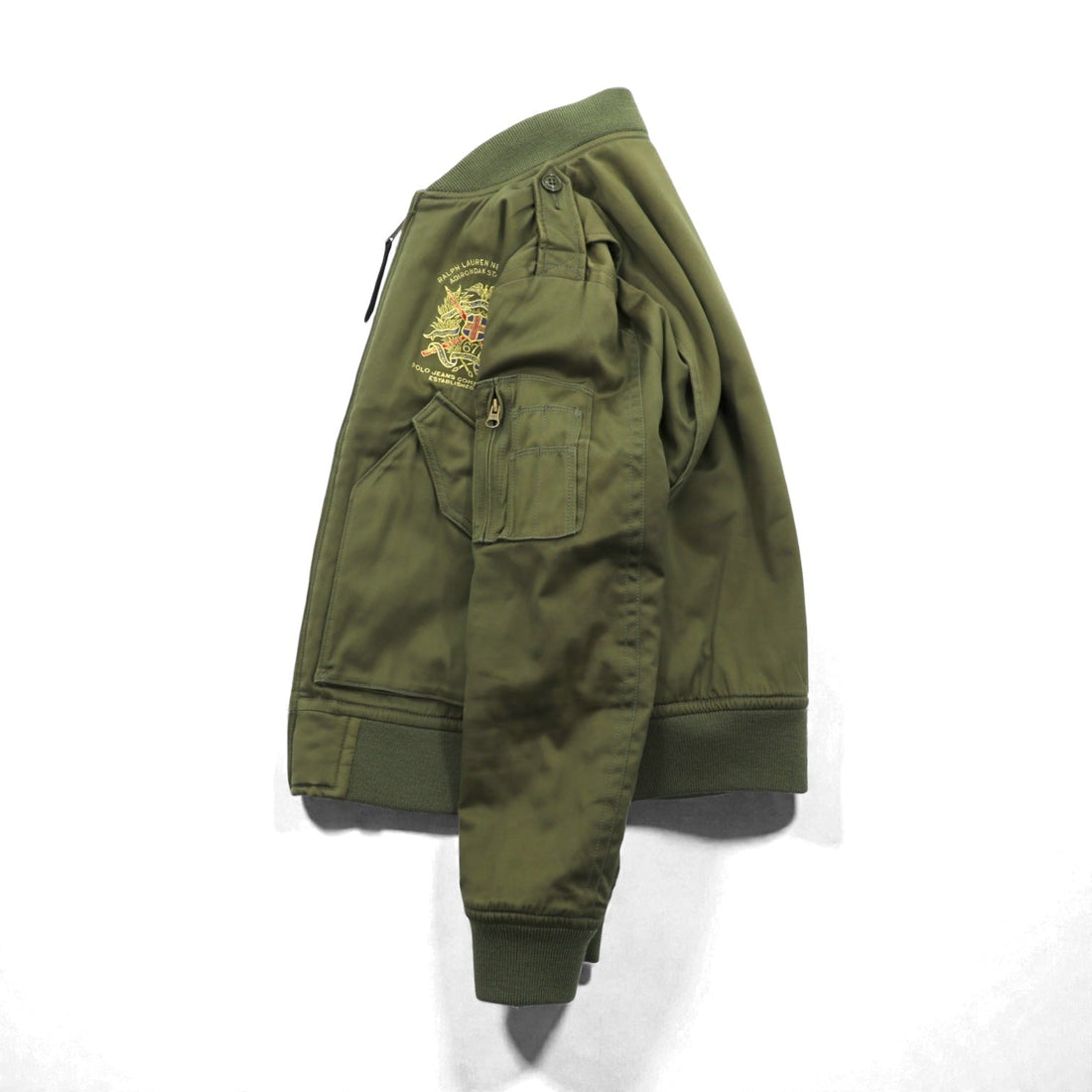 RALPH LAUREN 00s L-2A Flight Jacket, Size M, Khaki Embroidery, Epaulettes, Quilted Liner, POLO JEANS COMPANY