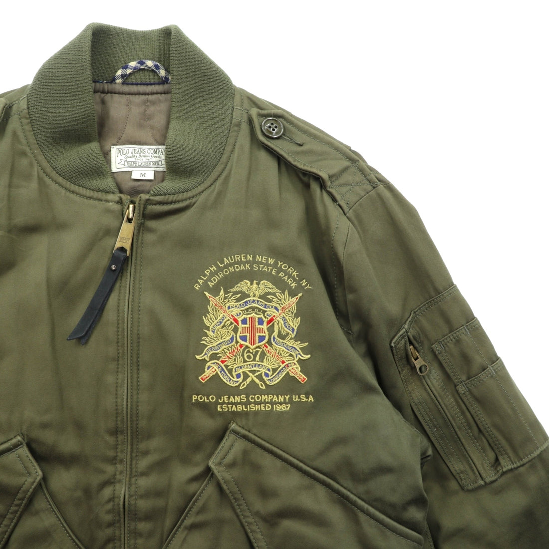 RALPH LAUREN 00s L-2A Flight Jacket, Size M, Khaki Embroidery, Epaulettes, Quilted Liner, POLO JEANS COMPANY