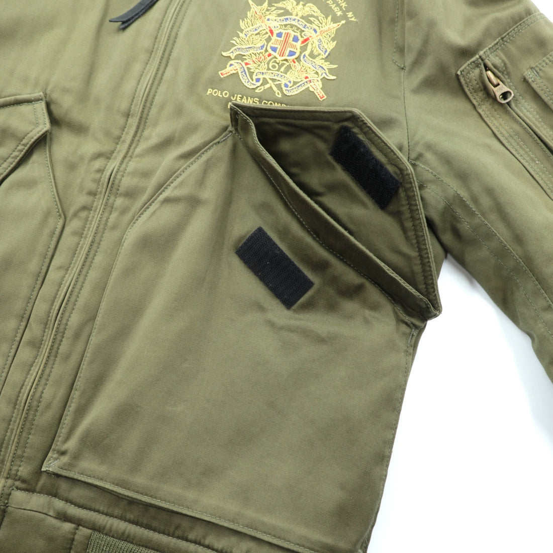 RALPH LAUREN 00s L-2A Flight Jacket, Size M, Khaki Embroidery, Epaulettes, Quilted Liner, POLO JEANS COMPANY