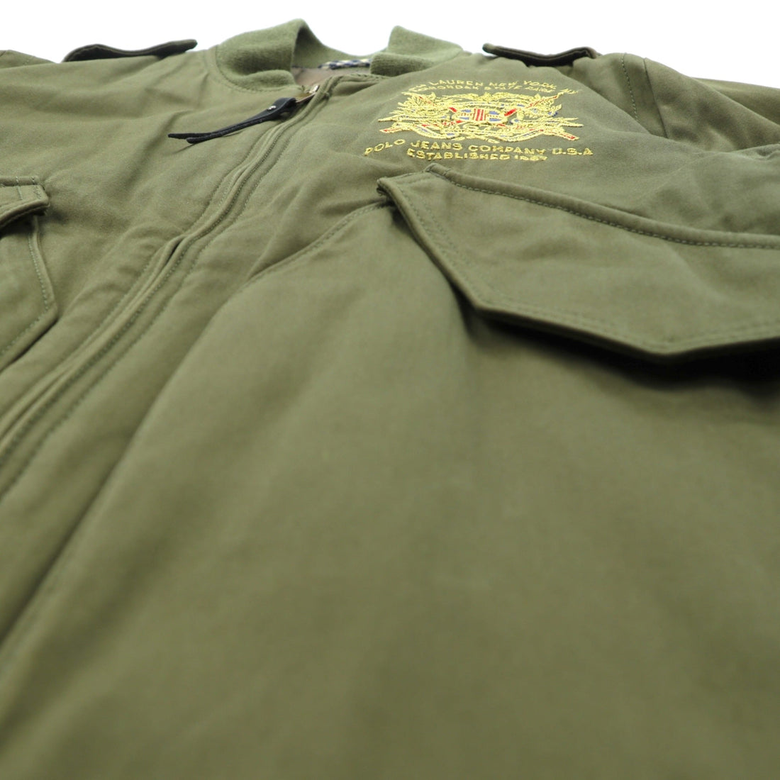RALPH LAUREN 00s L-2A Flight Jacket, Size M, Khaki Embroidery, Epaulettes, Quilted Liner, POLO JEANS COMPANY