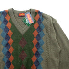 AUSTIN REED 90年代 日本製 ヴィンテージ Vネック ニット セーター M アーガイル柄 タスマニアン メリノウール 羊毛 未使用品