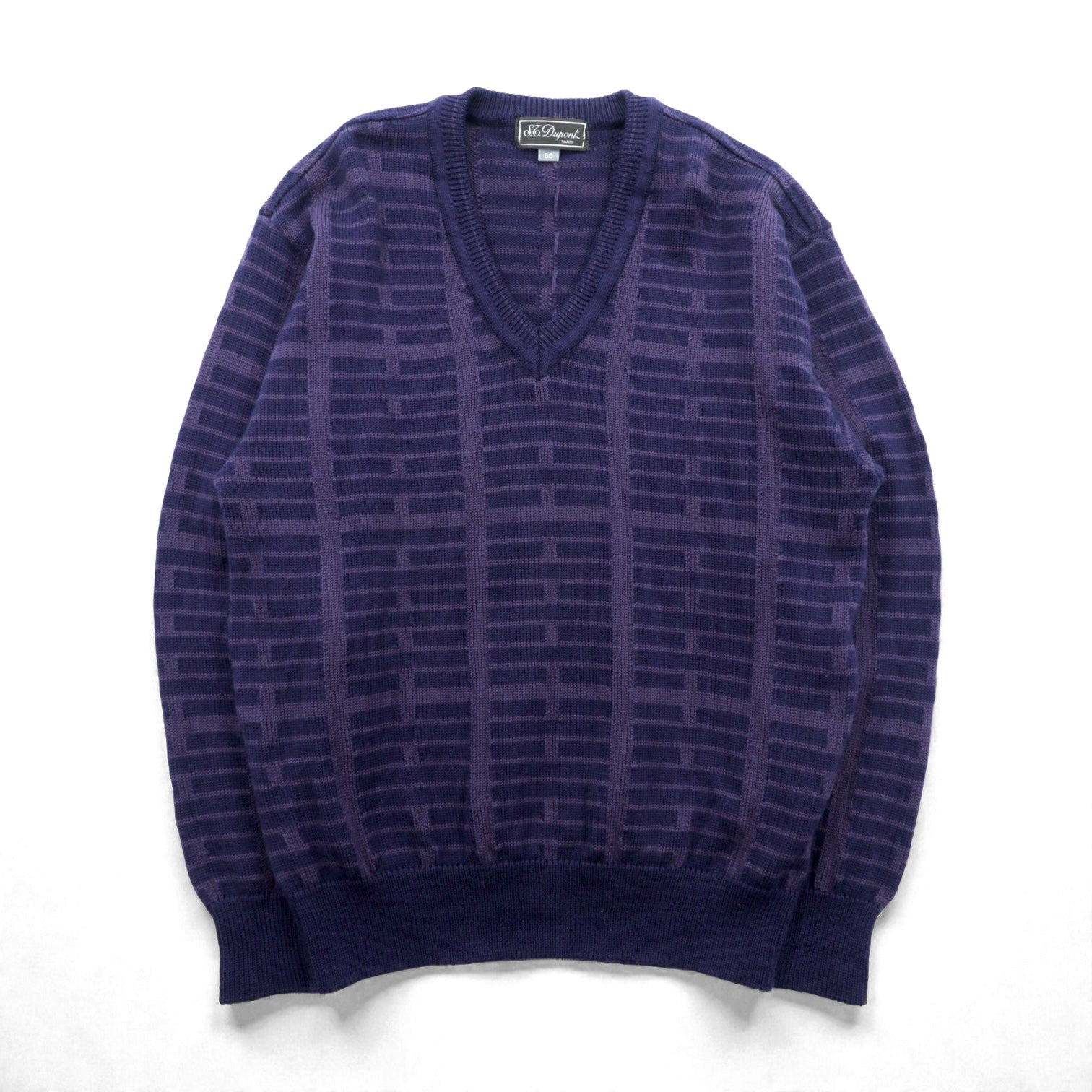 S.T Dupont 日本製 ヴィンテージ Vネック ジャガードニット セーター L ネイビー ウール