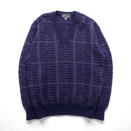 S.T Dupont 日本製 ヴィンテージ Vネック ジャガードニット セーター L ネイビー ウール