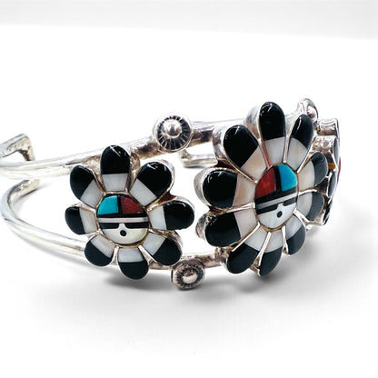 Vintage Silver Cuff Bracelet ズニ族 サンフェイス バングル インレイ STERLING 刻印 インディアンジュエリー