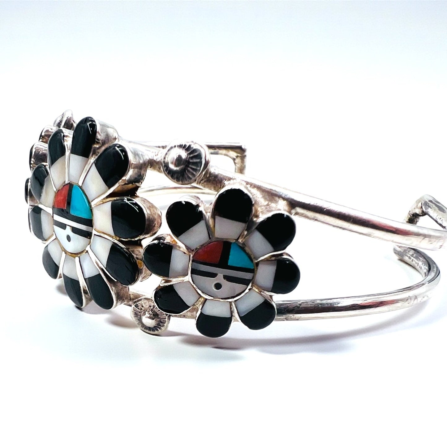 Vintage Silver Cuff Bracelet ズニ族 サンフェイス バングル インレイ STERLING 刻印 インディアンジュエリー