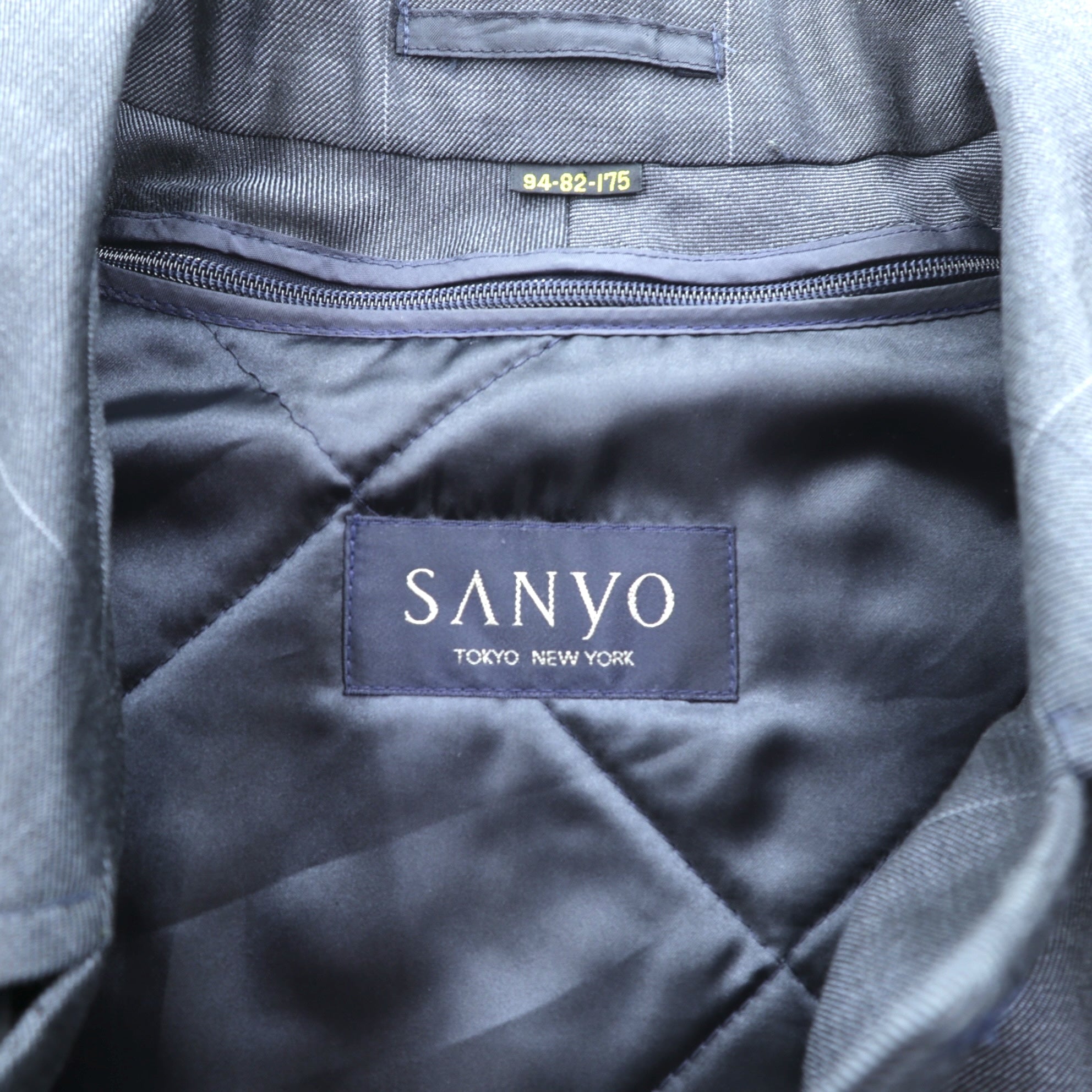 SANYO COAT 日本製 バルマカンコート ステンカラーコート L ネイビー チェック キルティングライナー 着脱式 モヘア混 比翼