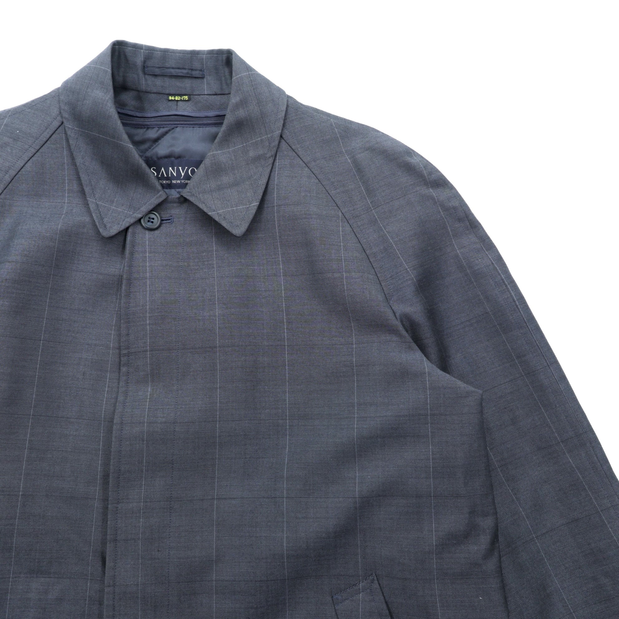 SANYO COAT 日本製 バルマカンコート ステンカラーコート L ネイビー チェック キルティングライナー 着脱式 モヘア混 比翼