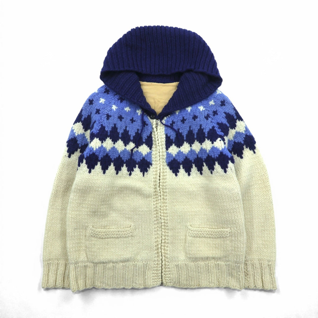60s Vintage Cowichan Hoodie Sweater カウチン ニット セーター S ウール Lightningジップ フード付き ノルディック柄 60年代