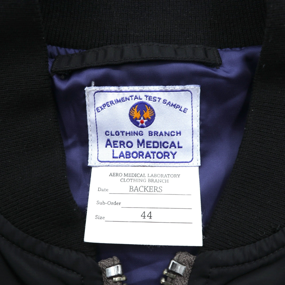 EXPERIMENTAL TEST SAMPLE L-2 Flight Jacket, Medium, Black, AERO MEDICAL LABORATORY BACKERS, Nylon IDEAL ZIP