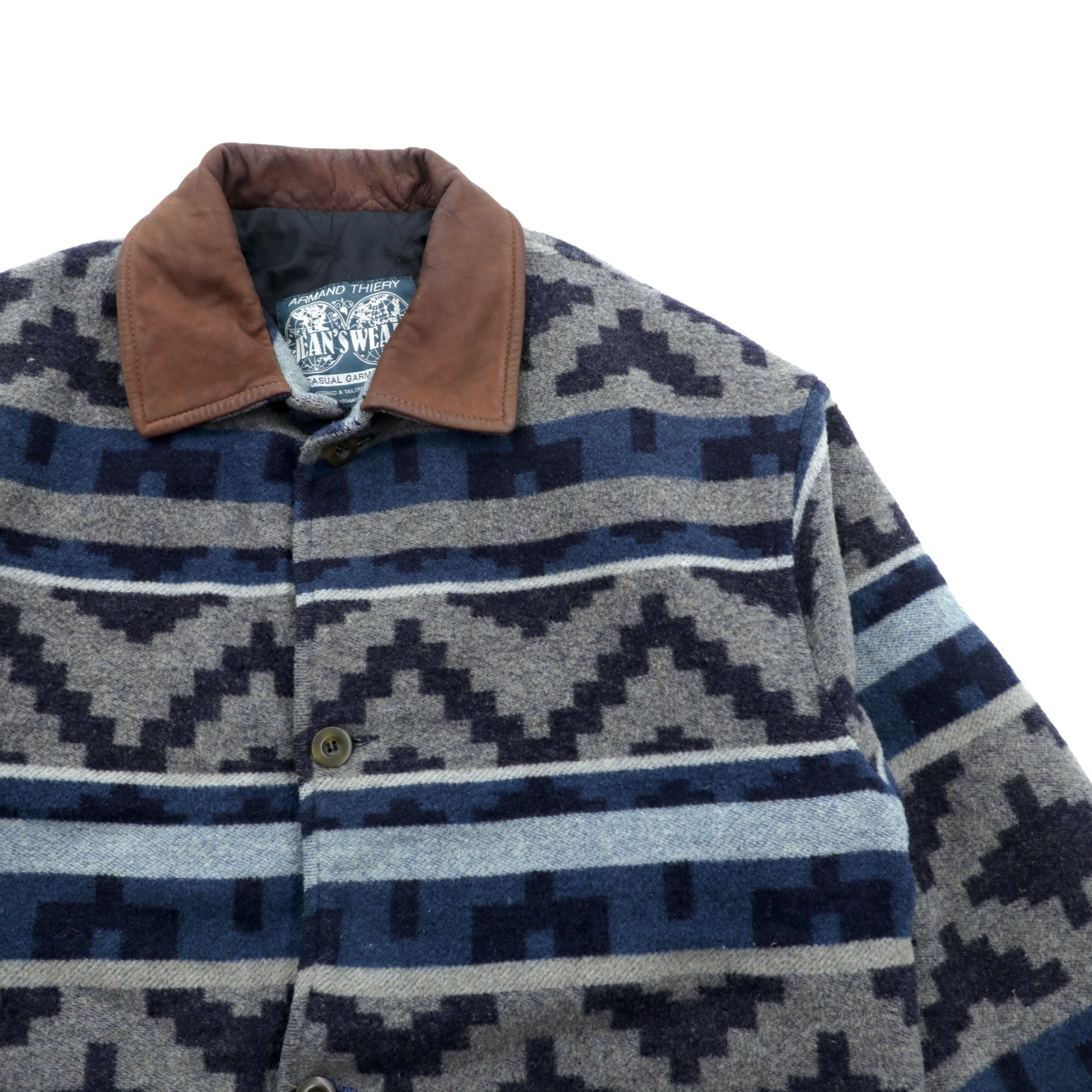 90s Blanket Jacket チマヨ チョアコート カバーオール XL ウール ブランケット ネイティブ柄 レザー襟 ARMAND THIERY JEANSWEAR