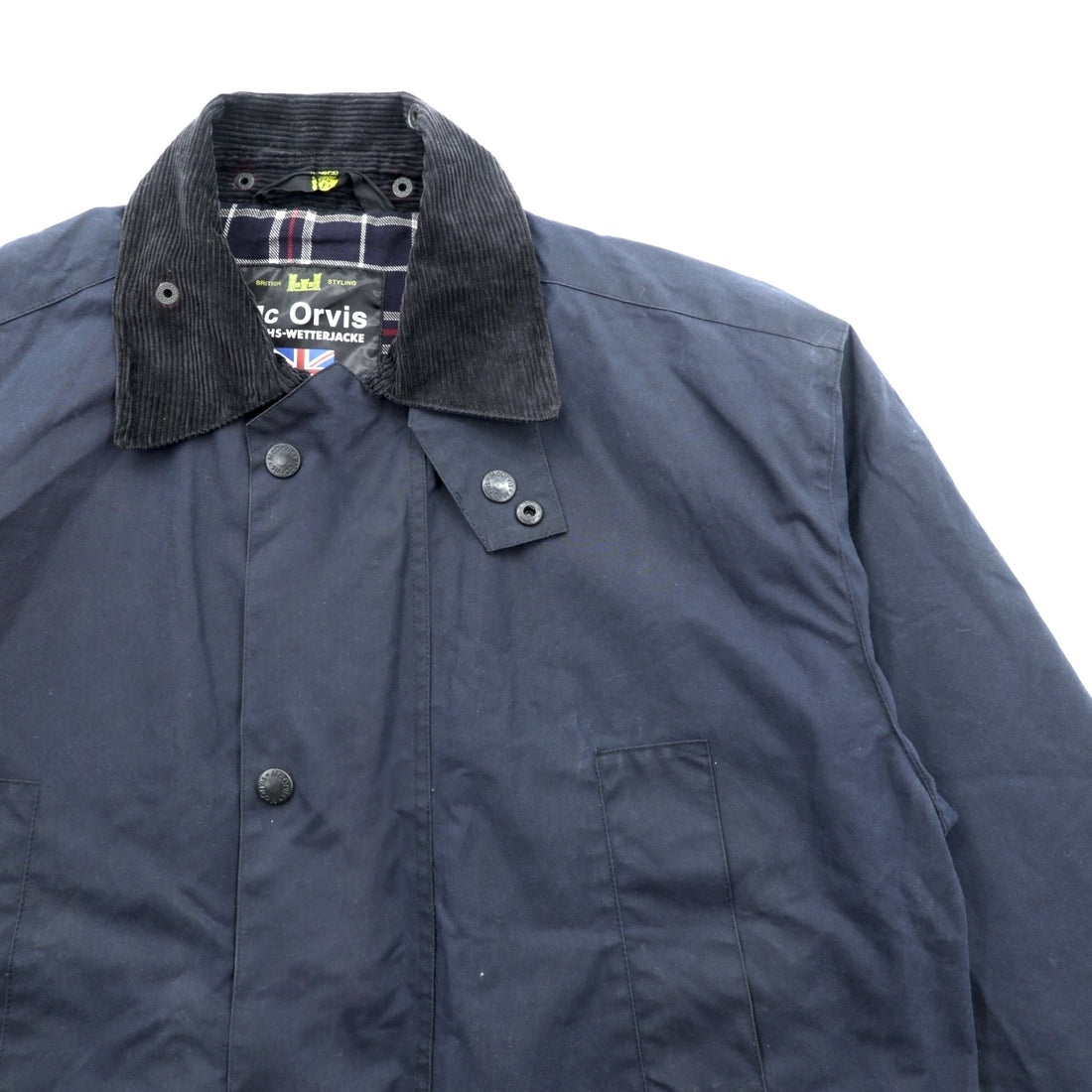 Mc Orvis Waxed Cotton Hunting Jacket, Made in the UK, XL Navy, Corduroy Double Zip Collar, Check Lining