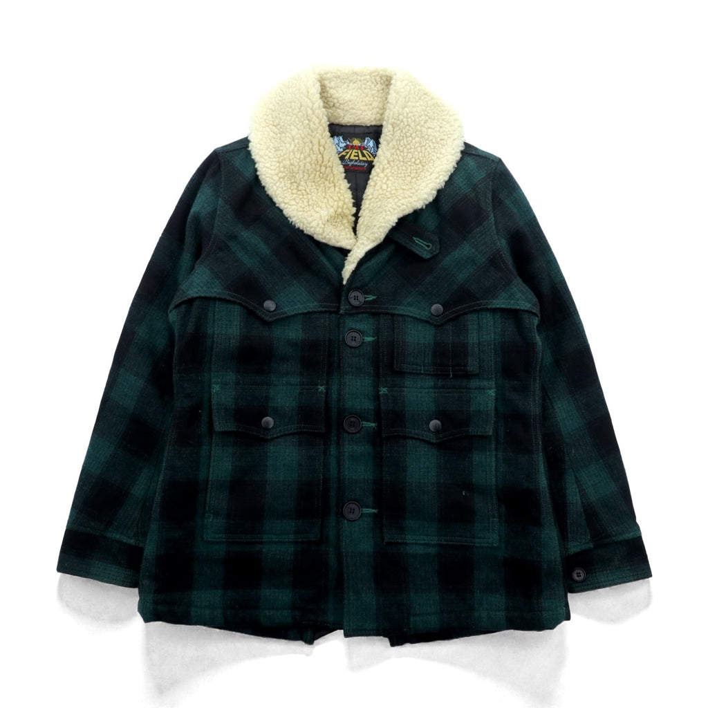 TMT FIELDS ボア襟 ランチコート ギャングコート M グリーン ウール チェック チンストラップ 日本製 TJK-F1306