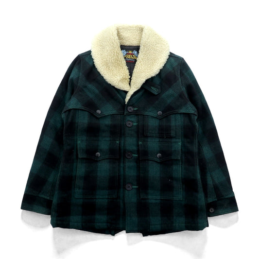 TMT FIELDS ボア襟 ランチコート ギャングコート M グリーン ウール チェック チンストラップ 日本製 TJK-F1306