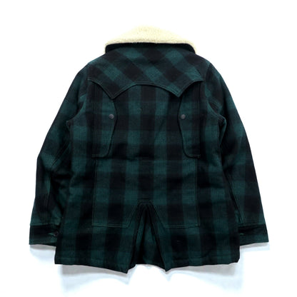 TMT FIELDS ボア襟 ランチコート ギャングコート M グリーン ウール チェック チンストラップ 日本製 TJK-F1306
