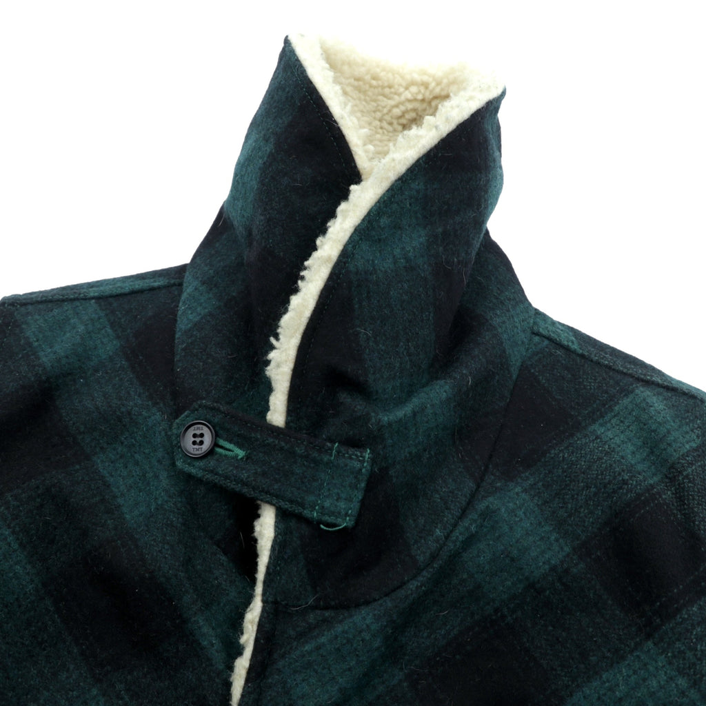 TMT FIELDS ボア襟 ランチコート ギャングコート M グリーン ウール チェック チンストラップ 日本製 TJK-F1306