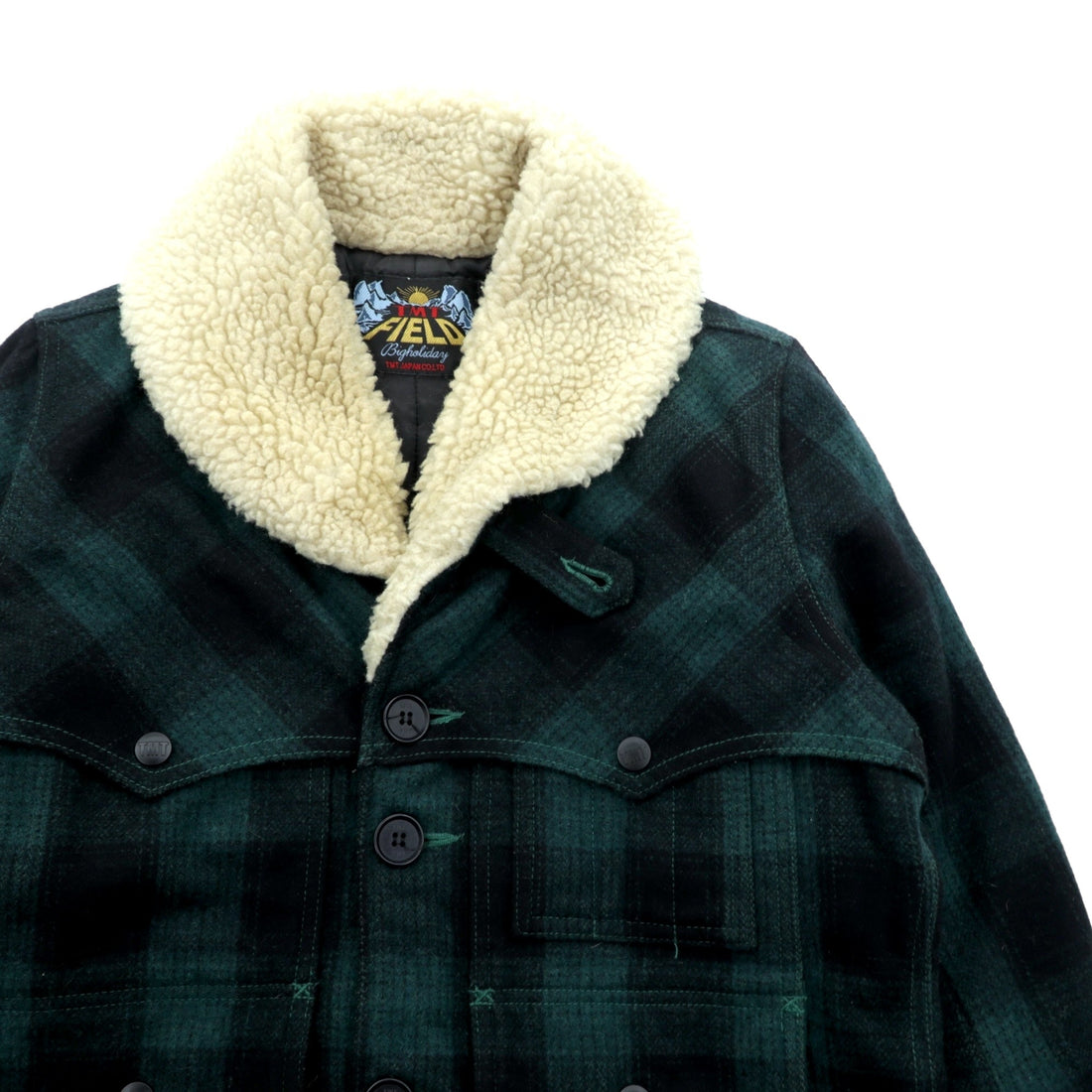 TMT FIELDS Boa Collar Ranch Coat, Gangster Size M, Green Wool Check, Chin Strap, Made in Japan, TJK-F1306