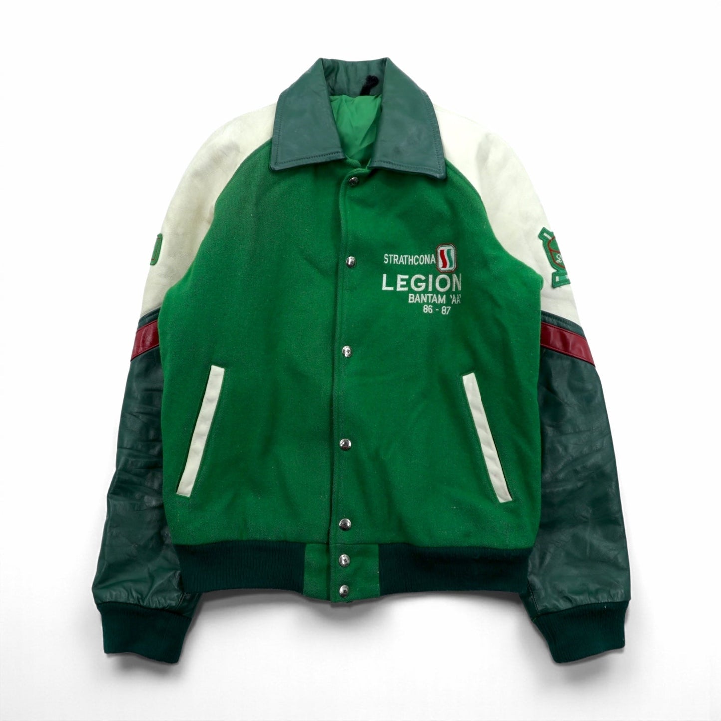 80s Canada Vintage Award Jacket レザー切替 スタジャン XL グリーン ウール PERGIS 80年代 カナダ製