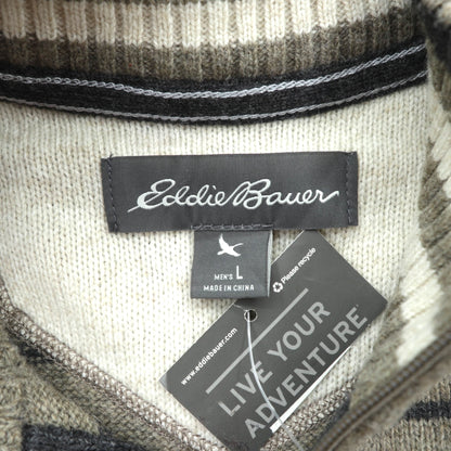 Eddie Bauer ハーフジップ ニット セーター L ブラウン ウール ボーダー 6007 未使用品