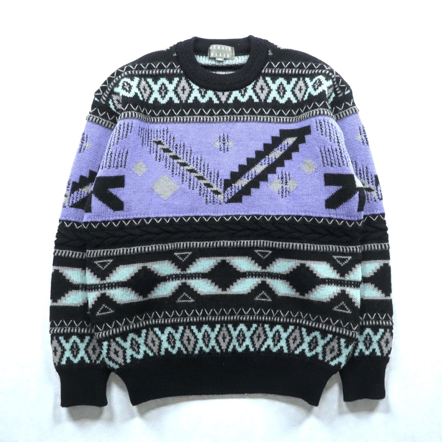 90s Japan Vintage Jacquard Knit DEMAIN CLAIR フェアアイル ニット セーター L ウール 総柄 90年代 日本製